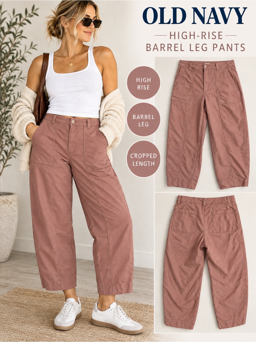Old Navy High-Rise Barrel Leg Pants Size 12 Mauve Utility Crop